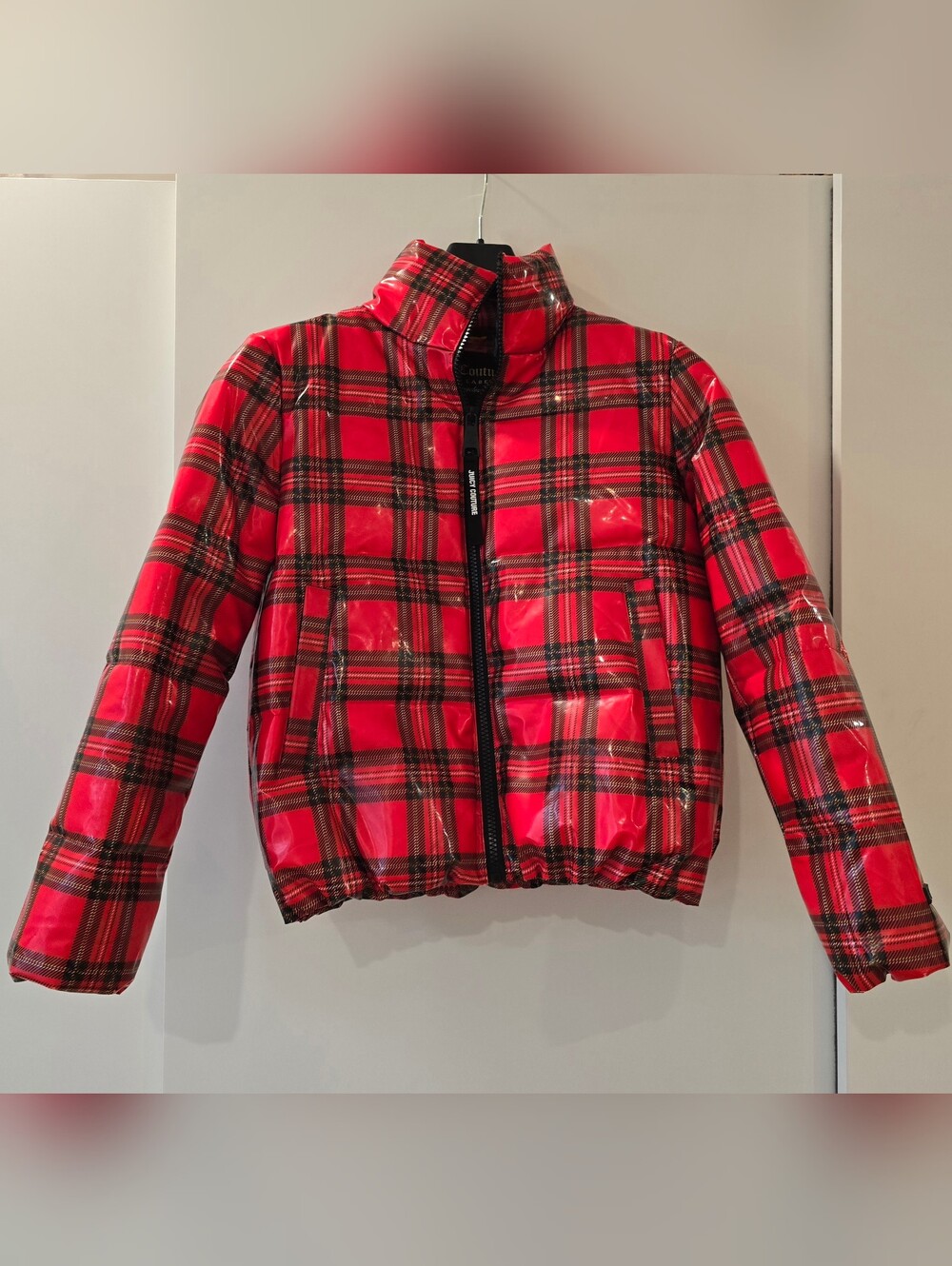 Juicy Couture Black Label Red Tartan Plaid Puffer Jacket Women's S